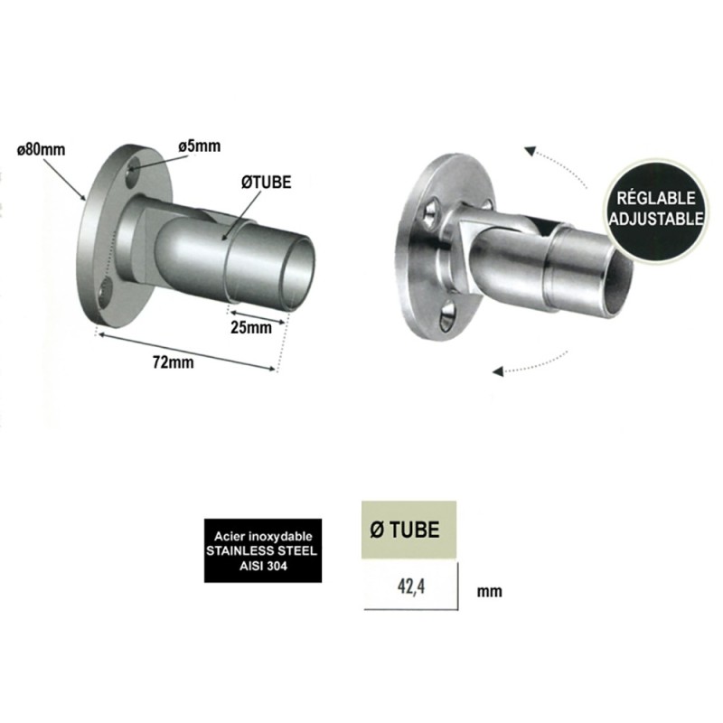 Connecteurs muraux orientables de mains courantes en acier inox