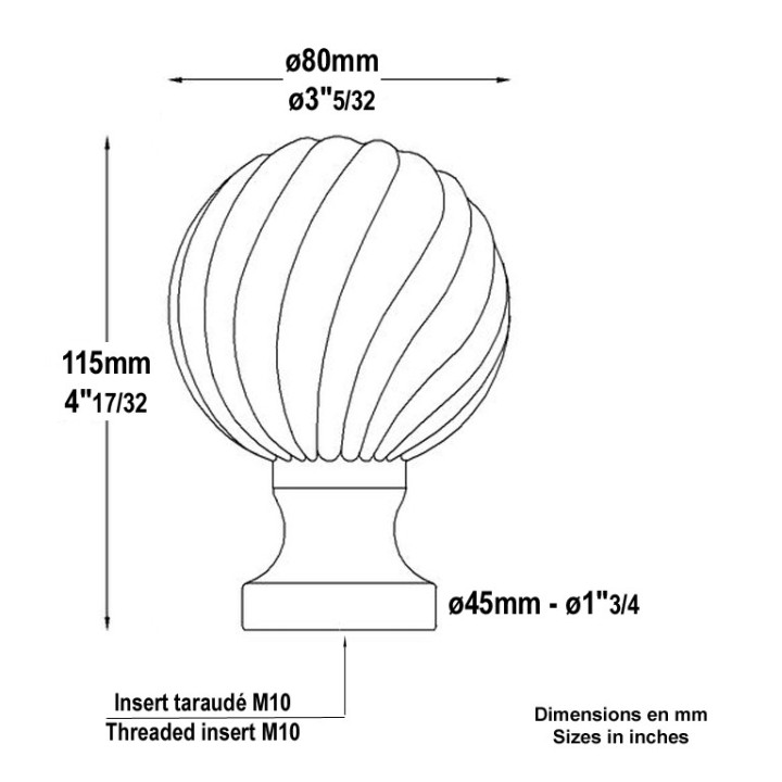 Boule ronde pommeau en aluminium pour poteau hauteur 125mm