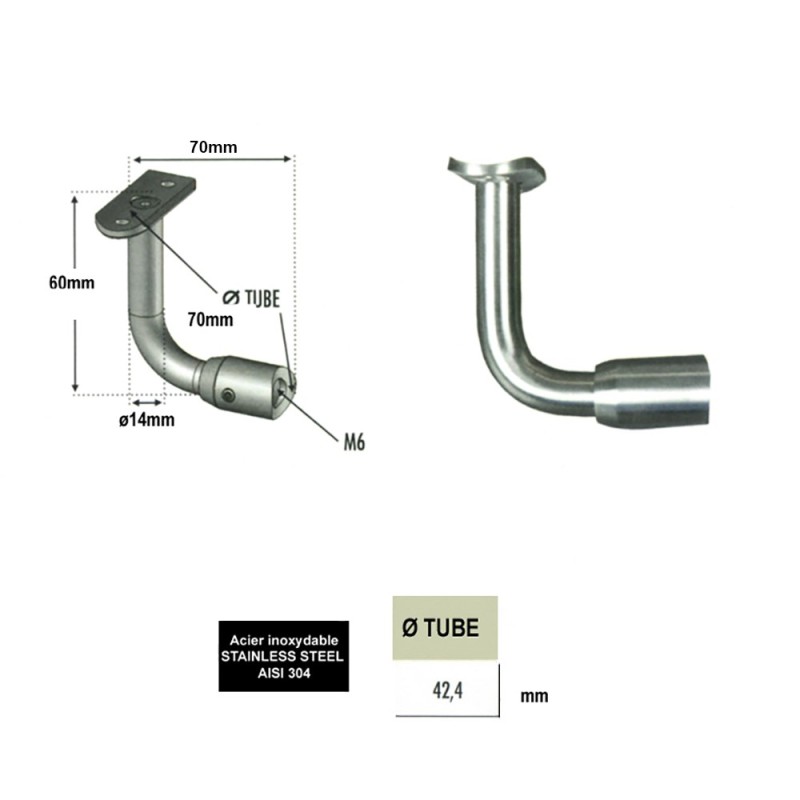 Support déporté coudé pour poteaux inox Ø42,4mm et tubes ronds