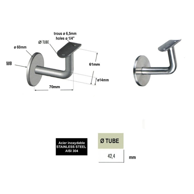Supports muraux à sceller de mains courantes en acier inox ou bois
