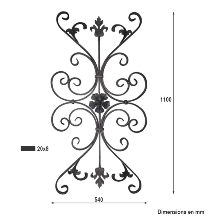 Panneau décoratif balustre en acier forgé grenaillé 1010x540mm