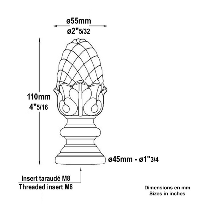 Pigne, pomme de pin en aluminium 110mm ø55mm avec insert M8