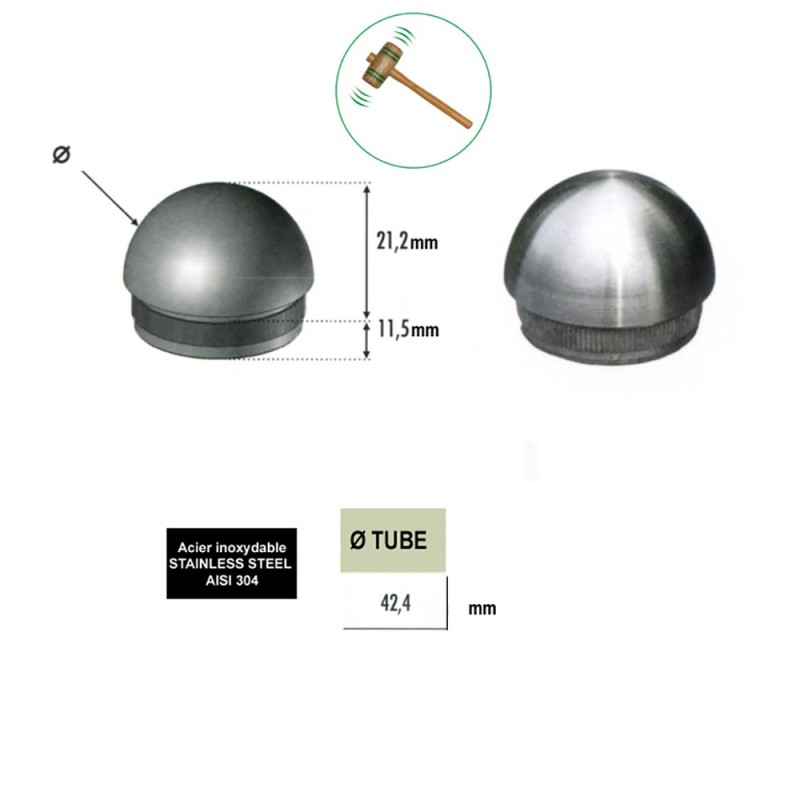 Bouchons demi sphérique inox 304 316 pour tubes Ø42,4 / Ø48,3mm