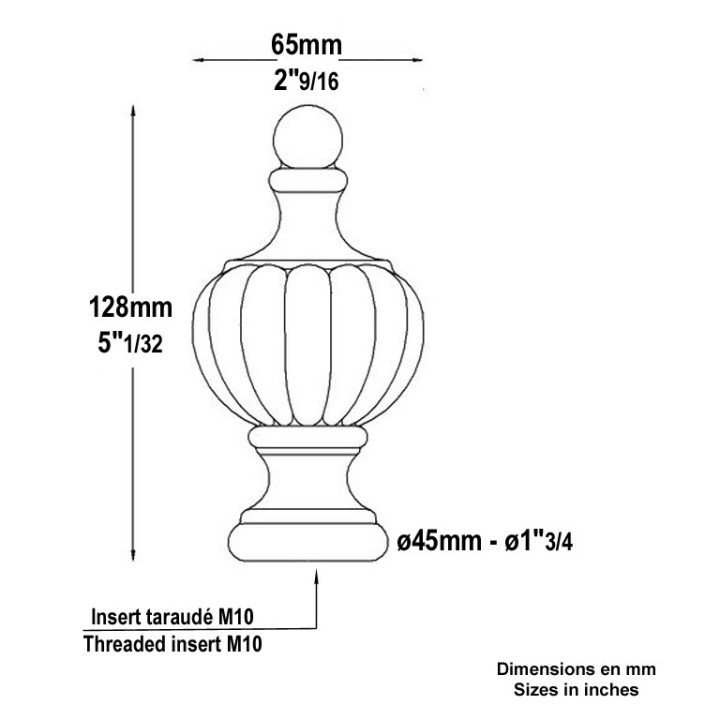Pommeau boule nervurée en aluminium hauteur 128mm ø65mm