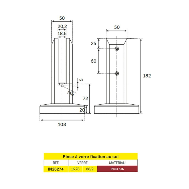 Pinces avec fixation au sol spigots pour verre 16,76mm (88,2) inox316