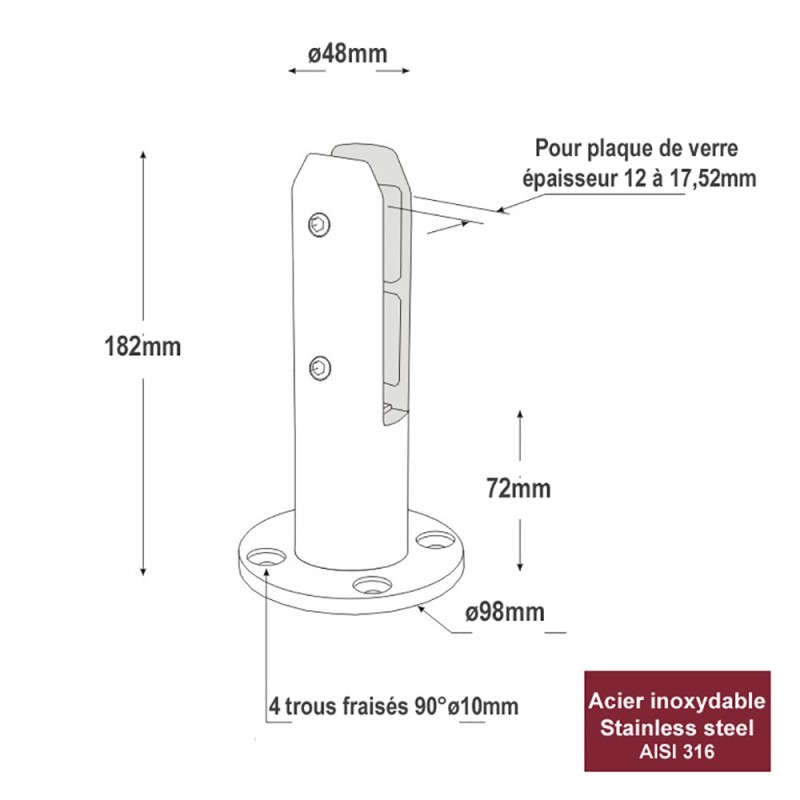 Pinces au sol spigots pour verres 12mm à 17,52mm AISI 304 et 316