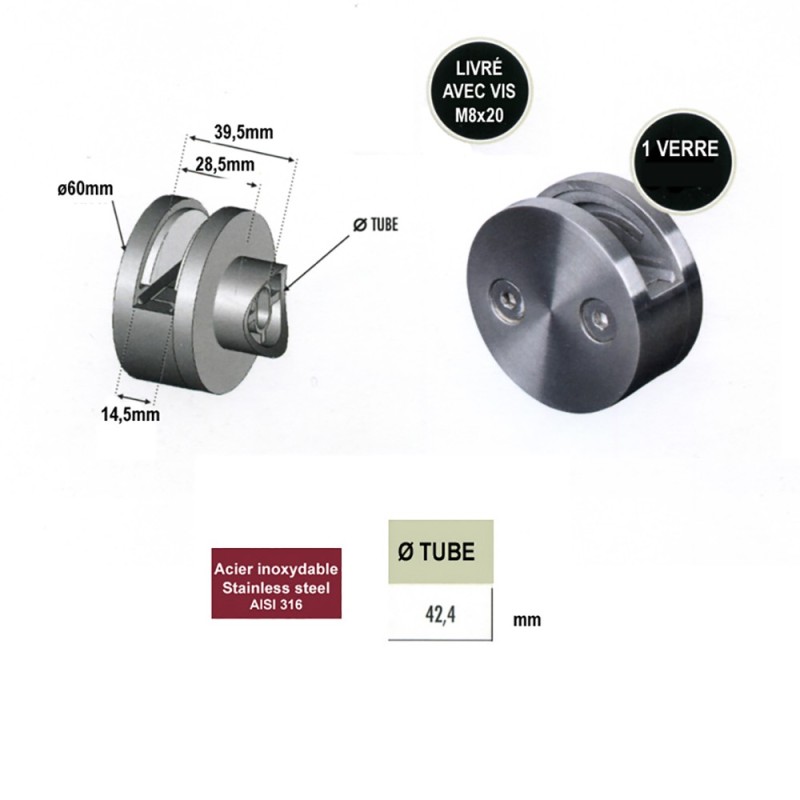 Pinces à 1 ou 2 verres de 8 à 12,76mm pour poteaux 42,4 ou 48,3mm