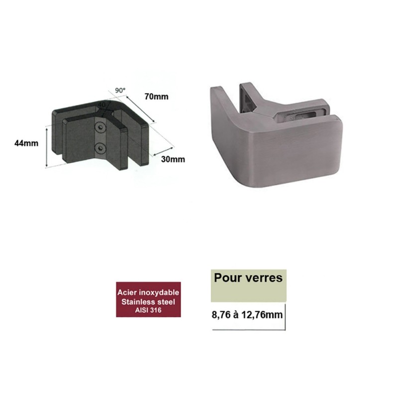 Pinces à verres d'angle hauteur 44mm épaisseur 8,76 à 12,76mm