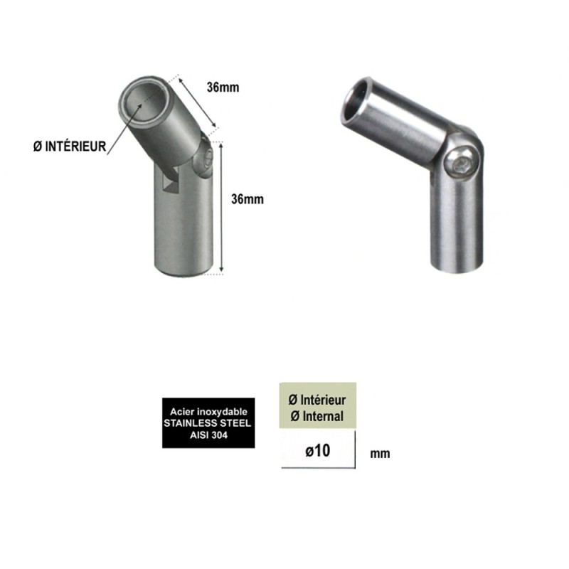 Raccords orientables pour ronds inox Ø10mm, Ø12mm ou Ø14mm
