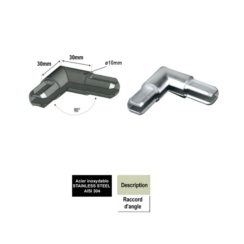 Raccord d'angle pour profils d'encadrements inox 304 Ø10 et 18mm