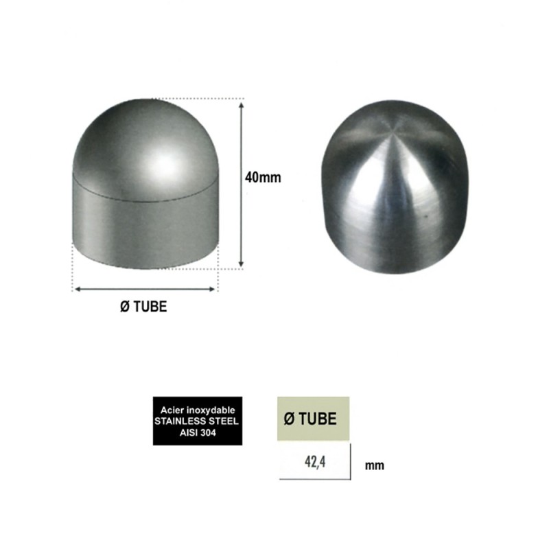 Embouts bombés inox 304 et 316 pour main courante bois Ø42mm