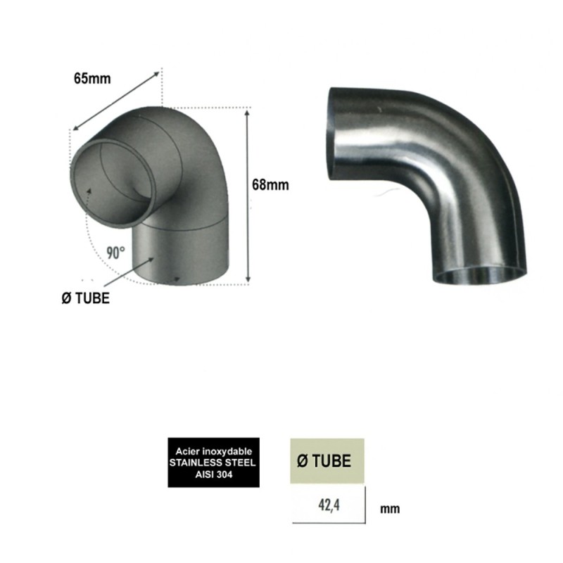 Connecteurs coudés inox 304 et 316 de mains courantes bois Ø42mm