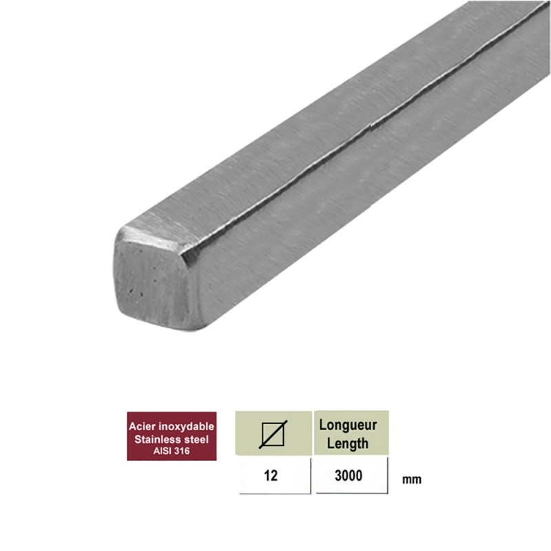 Longueur de 3m de carré plein de 12x12mm en acier inoxydable 316