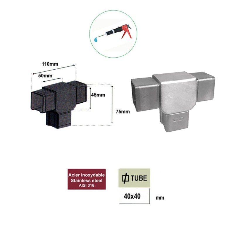 Connecteur en té en acier inox 316 pour tubes carrés de 40x40x2mm