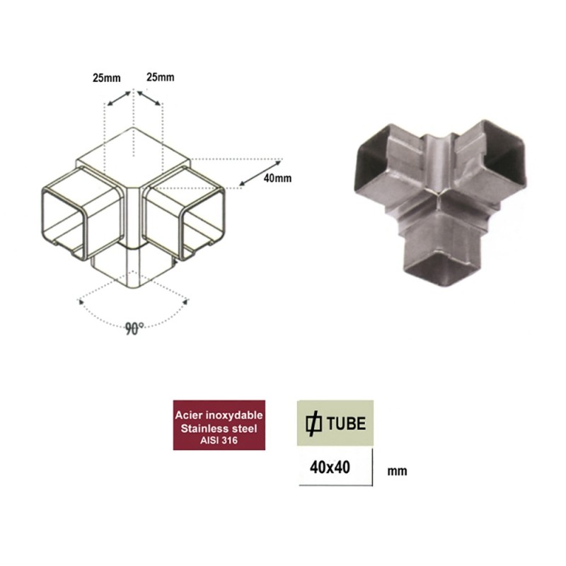 Connecteur 3 axes en acier inox 316 pour tubes carrés de 40x40x2