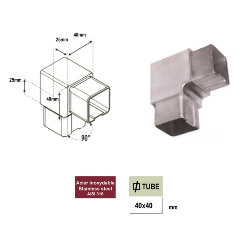 Connecteur angles en acier inox 316 pour tubes carrés de 40x40x2
