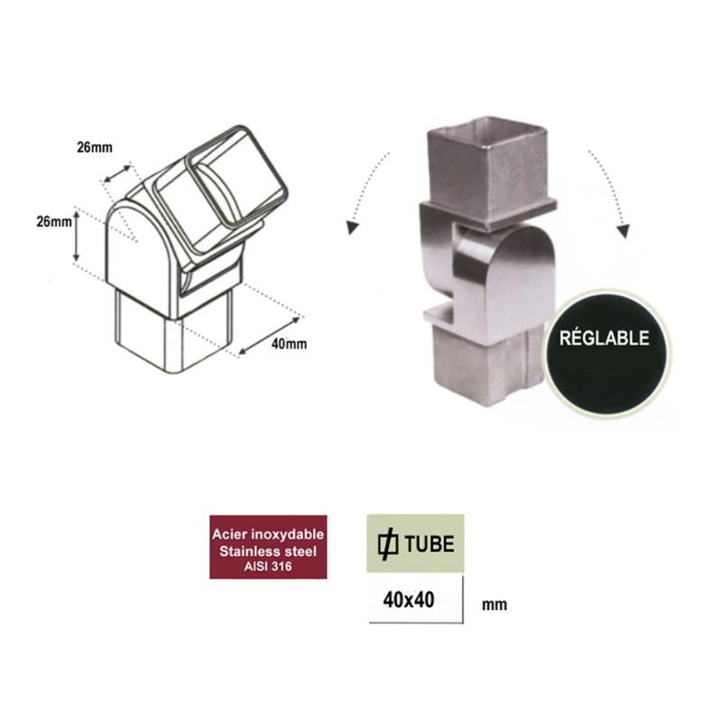 Connecteur angles en acier inox 316 pour tubes carrés de 40x40mm