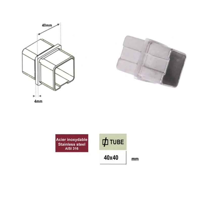Connecteur union en acier inox 316 pour tubes carrés de 40x40mm