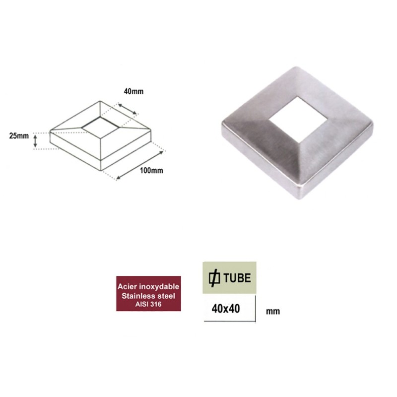 Coupelle cache plaque de fixation carrée pour tube 40x40mm inox
