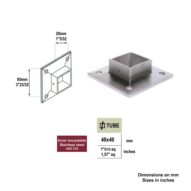 Connecteur mural pour tubes de mains courantes 40x40mm inox316