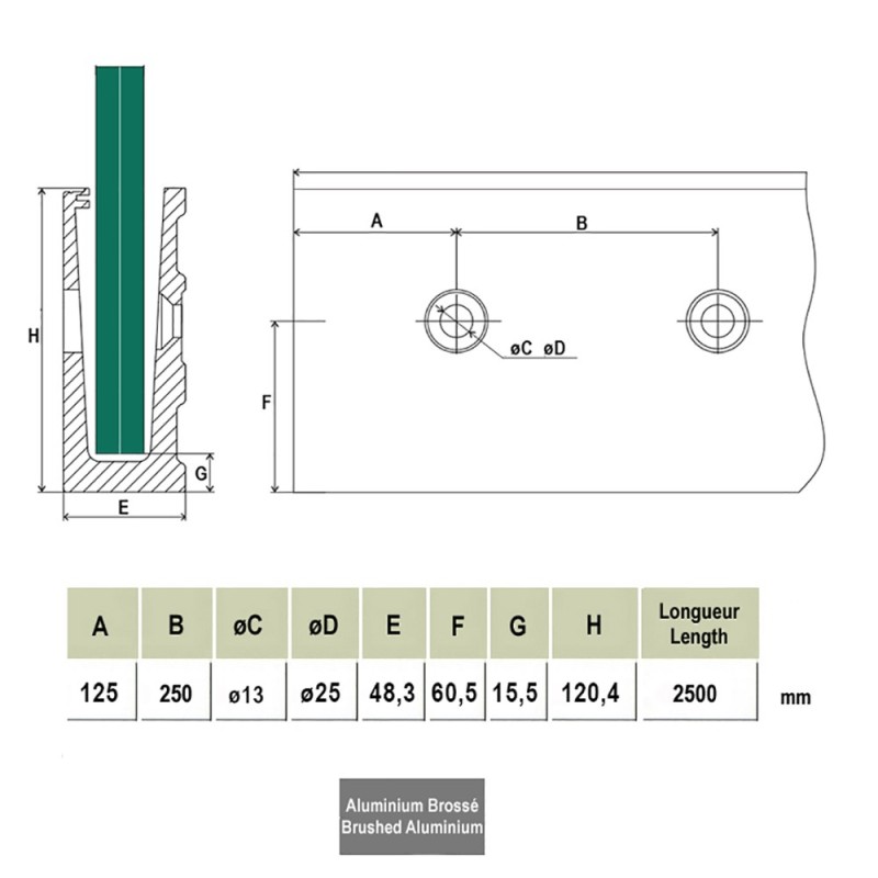 Profils à l'anglaise pour garde corps en verre 12,76mm à 21,52mm