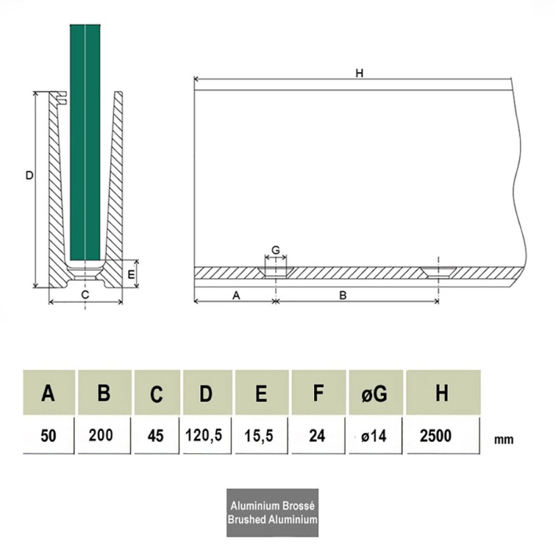 Profils pour garde corps en verre 12,76mm à 21,52mm fixation au sol
