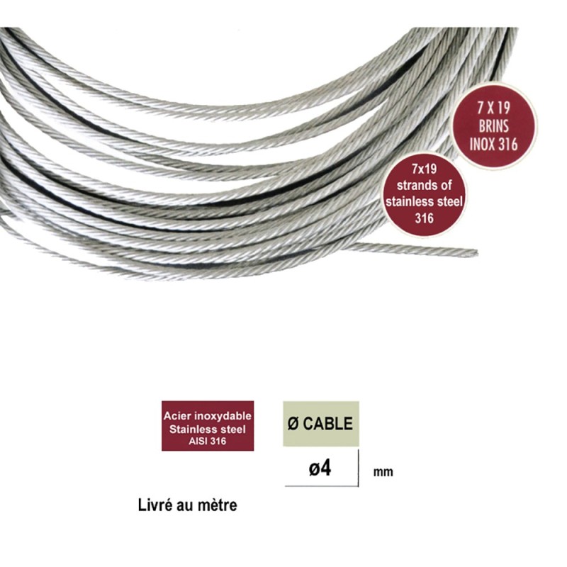 Câbles en acier inoxydable AISI316 Ø4mm ou Ø6mm en 7x19 brins