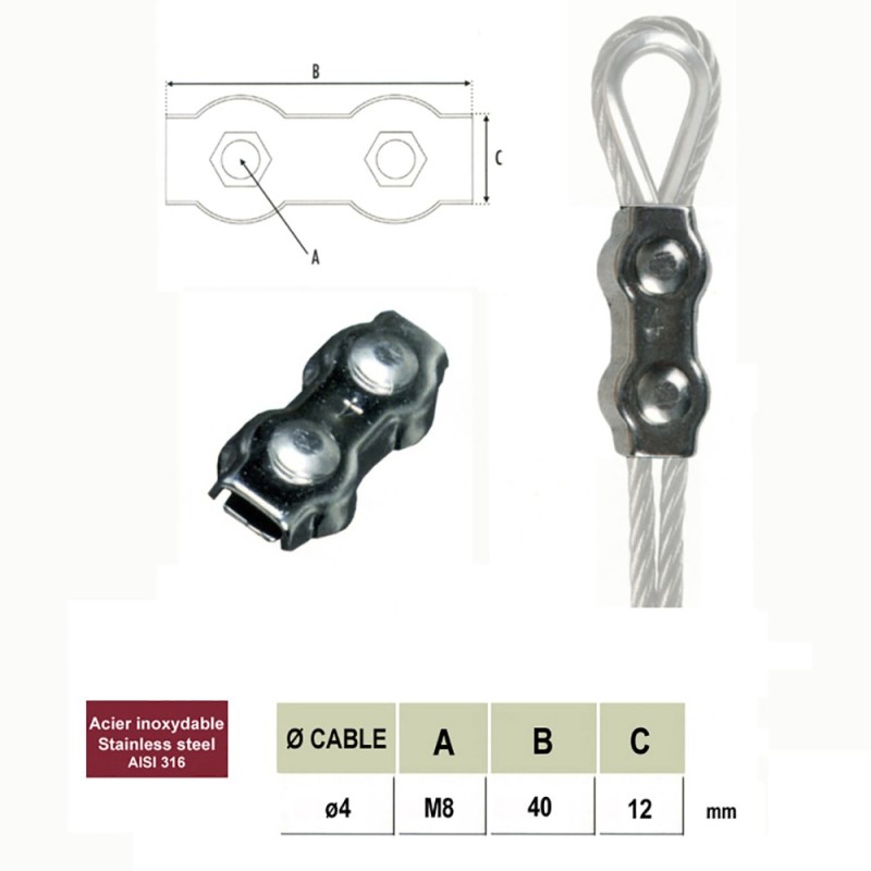 Bloque câbles en inox 316 pour câbles acier inoxydable Ø4 ou Ø6mm