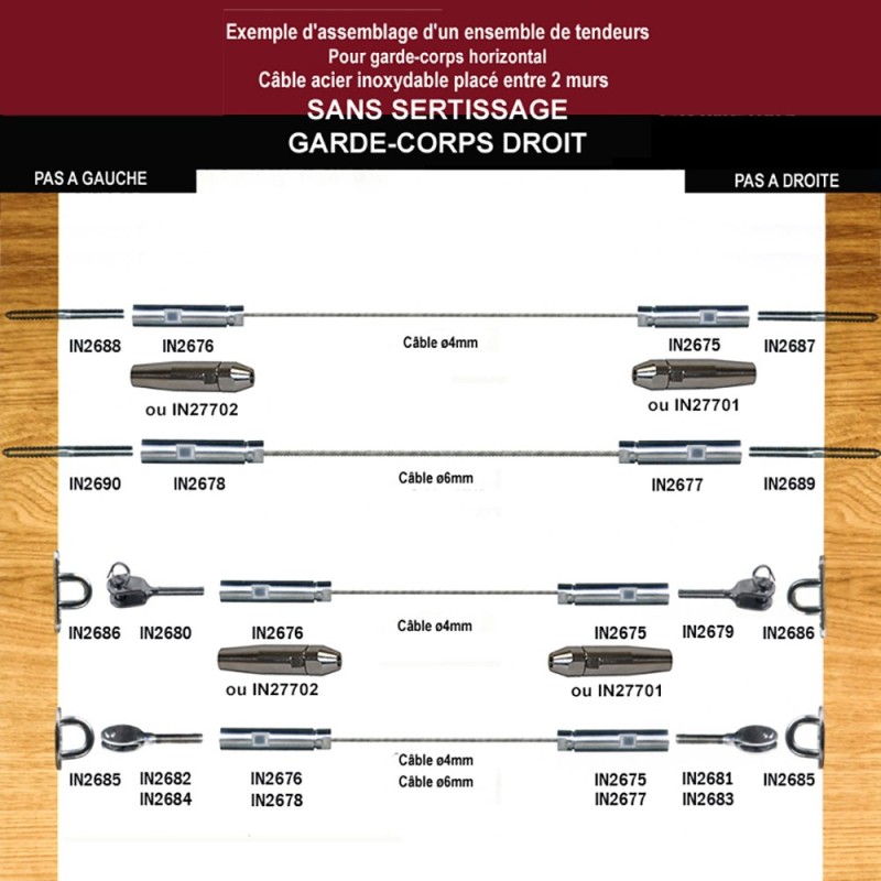 Tendeurs manuels sans sertissage inox 316 pour câbles Ø4 ou Ø6mm