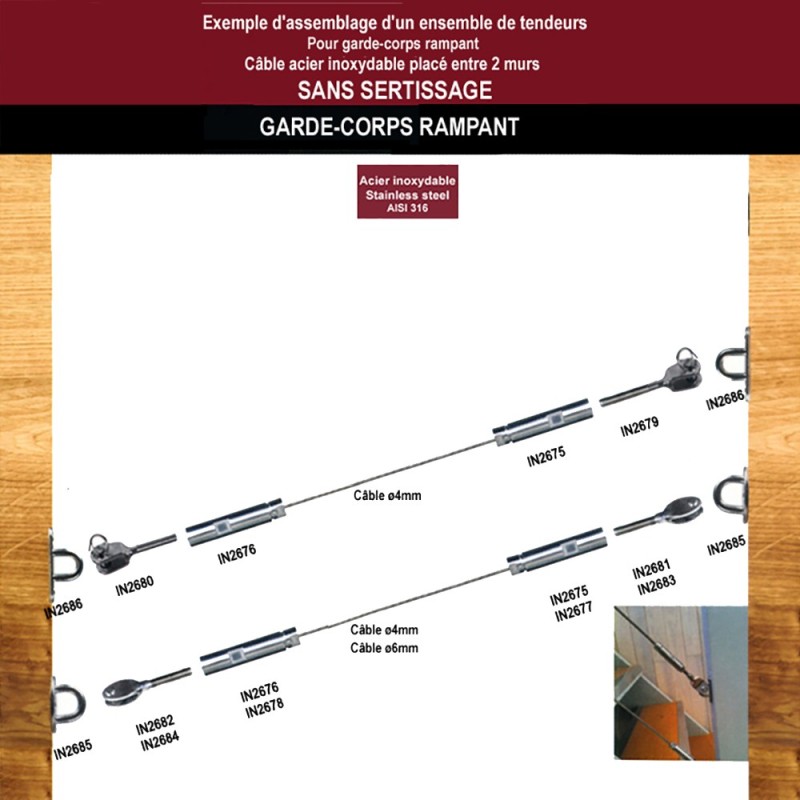 Tendeurs manuels sans sertissage inox 316 pour câbles Ø4 ou Ø6mm