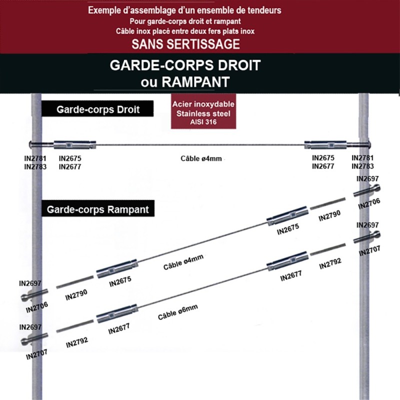 Tendeurs manuels sans sertissage inox 316 pour câbles Ø4 ou Ø6mm