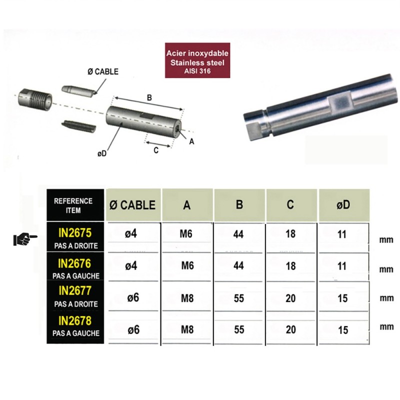 Tendeurs manuels sans sertissage inox 316 pour câbles Ø4 ou Ø6mm