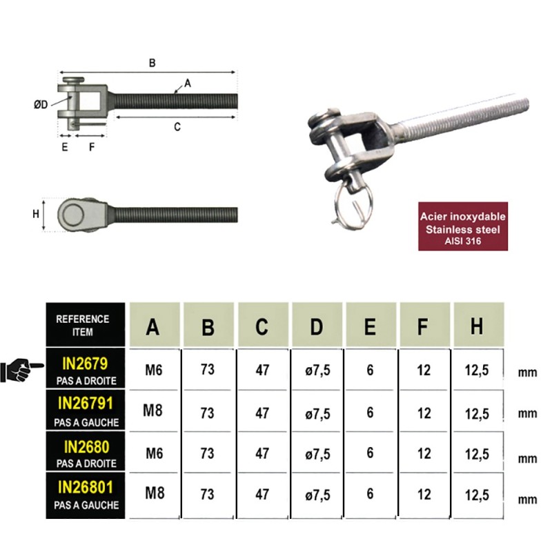 Chapes standards filetées inox 316 pas à droite ou à gauche M6 M8