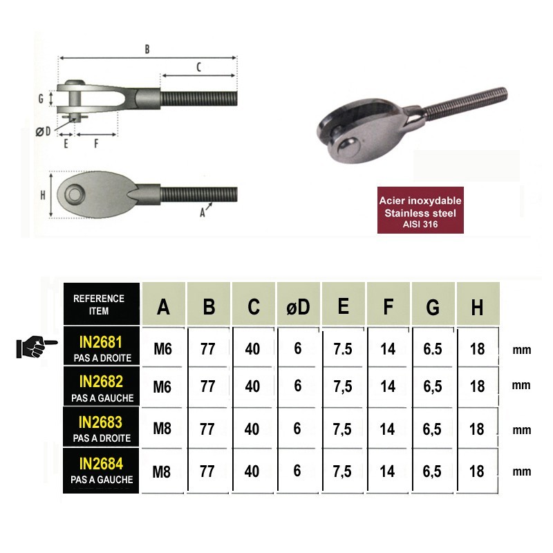 Chapes design filetées inox 316 pas à droite ou à gauche M6 ou M8