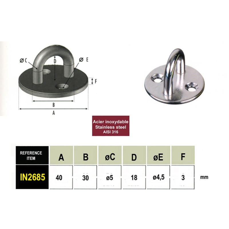 Platines ronde ou ovale inox 304 pour accrochage des chapes inox