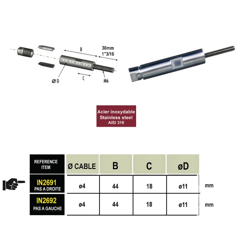 Tendeurs manuels axe M6 sans sertissage inox 316 câbles Ø4 mm