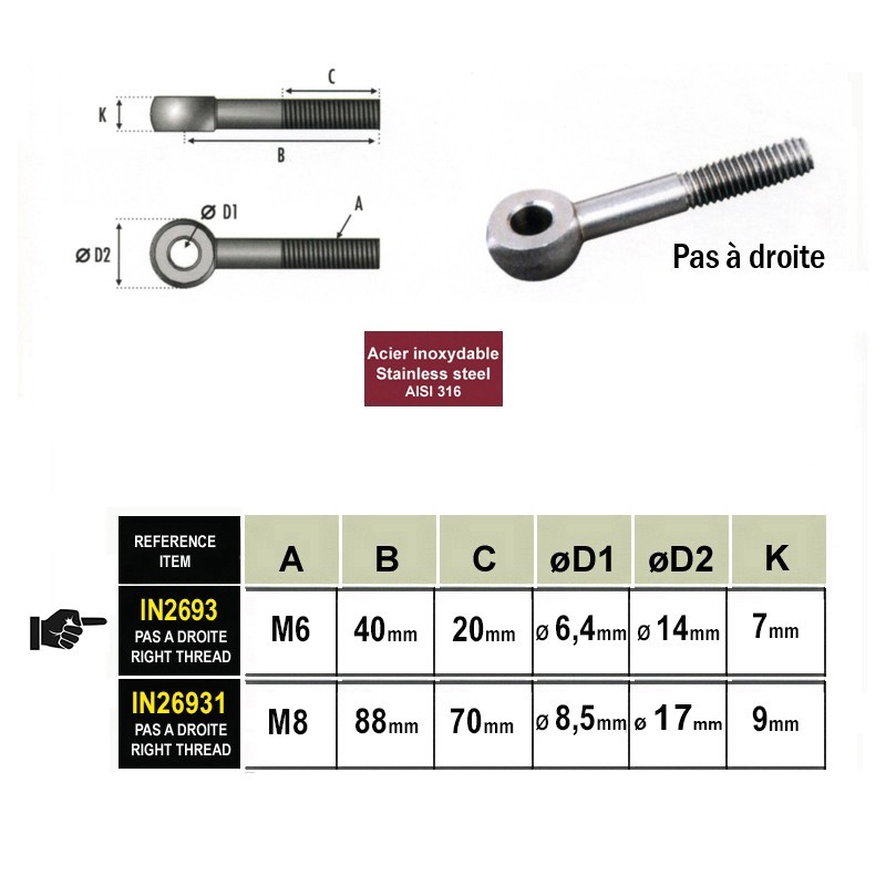 Vis standards M6 ou M8 à illet en acier inox 316 avec pas à droite