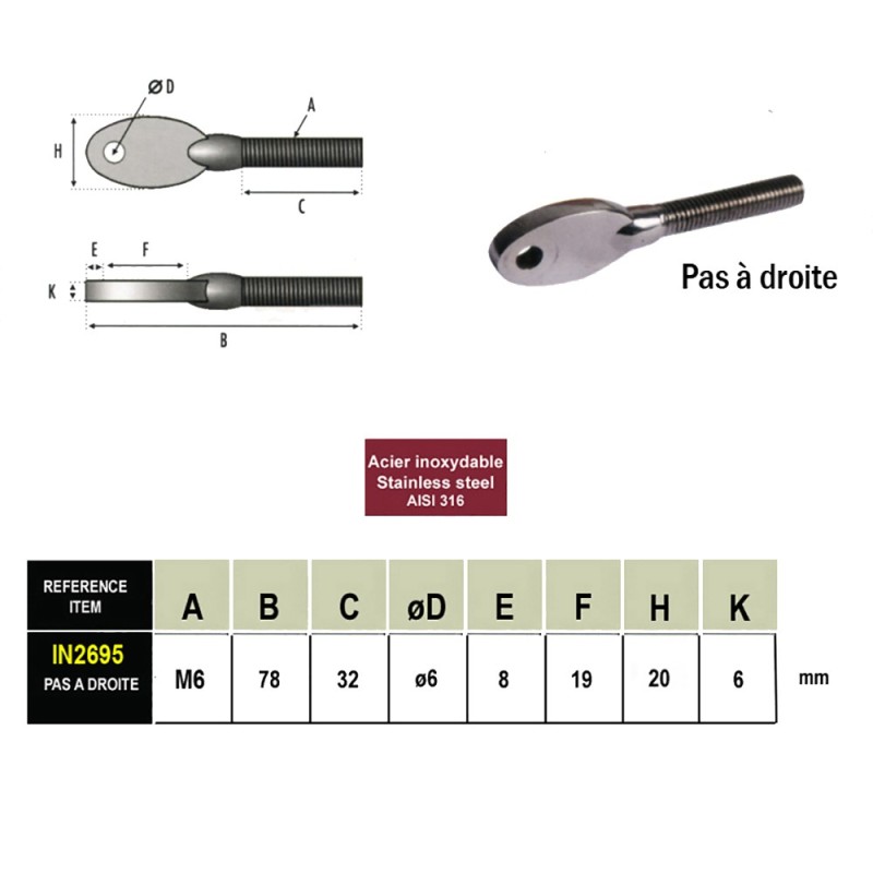 Vis design M6 ou M8 à illet en acier inox 316 avec pas à droite