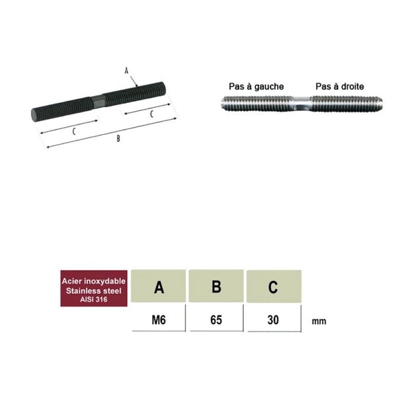 Tiges filetées mixtes pas à droite et pas à gauche M6 M8 en inox 316