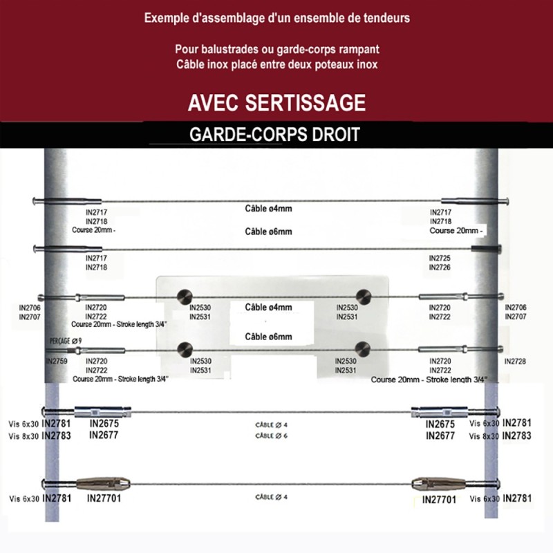 Tendeurs à sertir en acier inoxydable AISI316 pour câbles Ø4 ou6mm