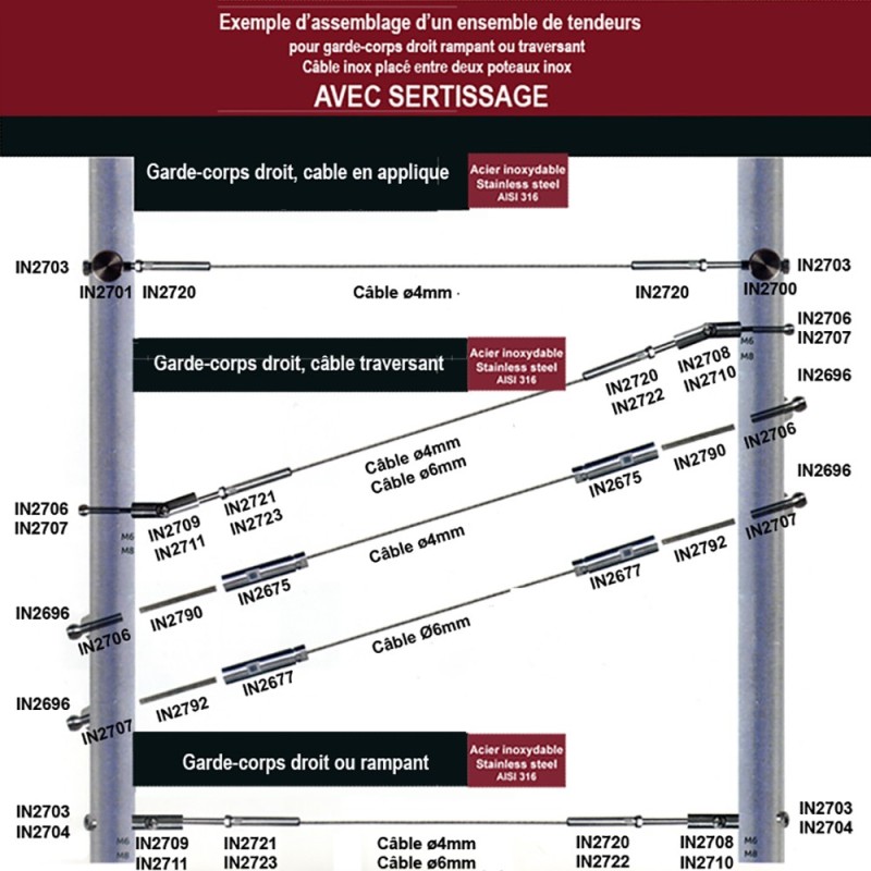Tendeurs à sertir en acier inoxydable AISI316 pour câbles Ø4 ou6mm