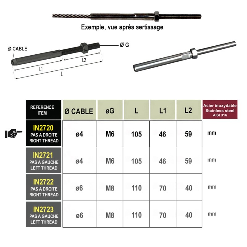 Tendeurs à sertir en acier inoxydable AISI316 pour câbles Ø4 ou6mm