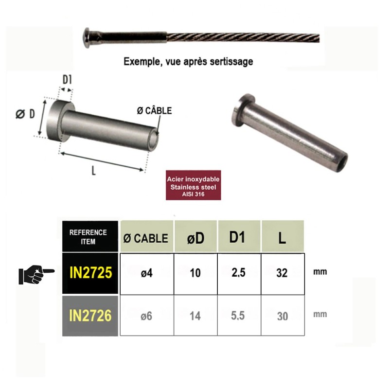 Tendeurs à sertir en acier inoxydable AISI316 pour câbles Ø4 ou6mm