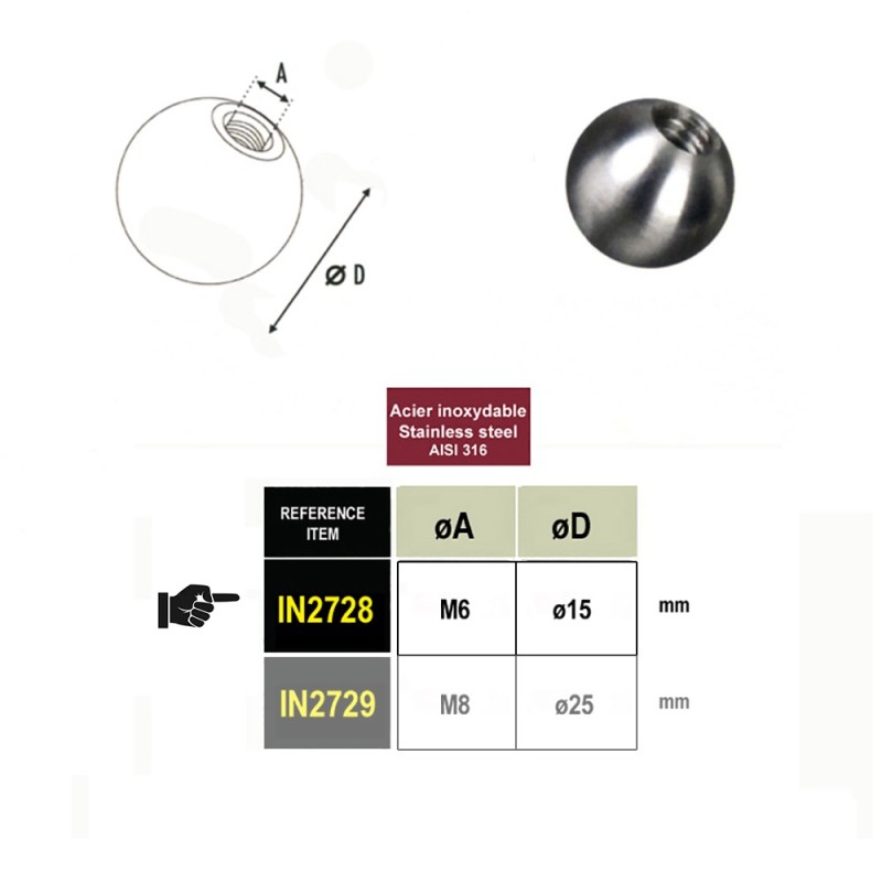 Boules taraudées M6 ou M8 en acier inoxydable Ø 15mm ou 25mm