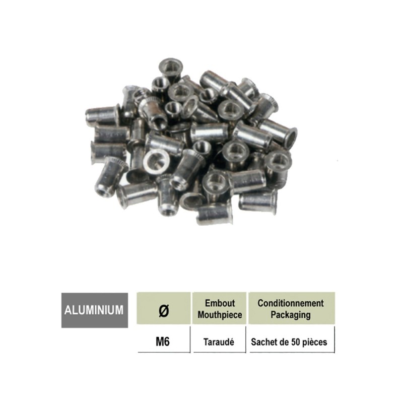 Boites de 50 rivets inserts en aluminium M6 ou M8 pour tubes inox