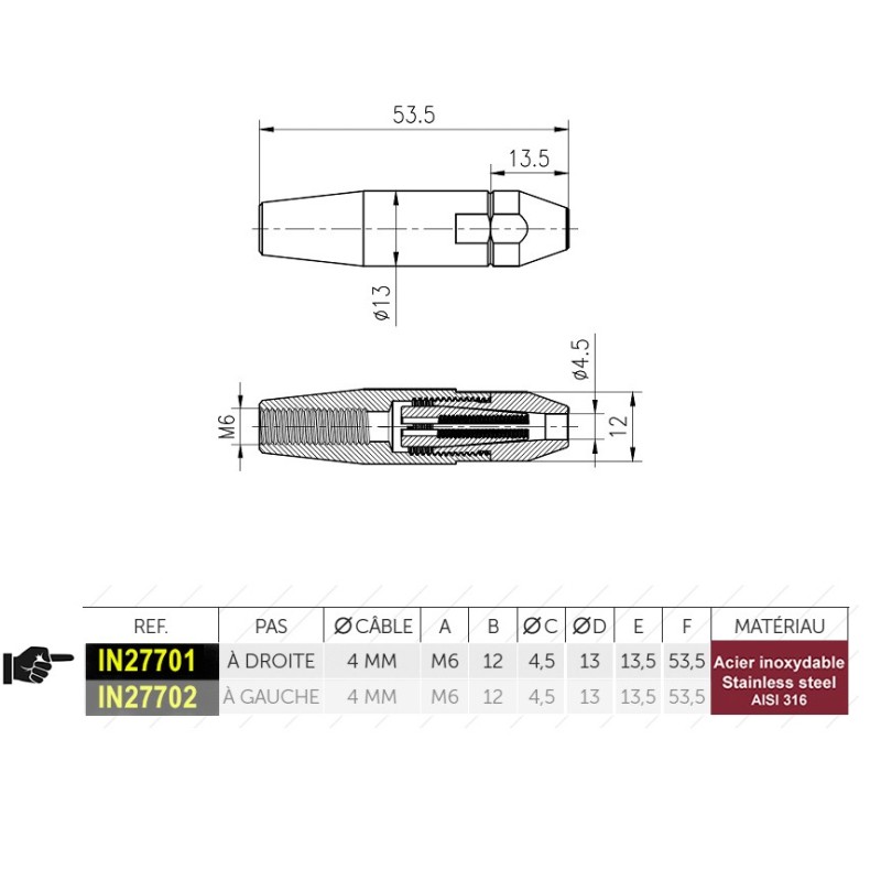 Tendeurs manuels sans sertissage inox 316 pour câbles Ø4 mm inox