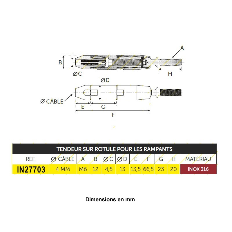 Tendeur manuel rotule sans sertissage inox 316 pour câbles Ø4mm