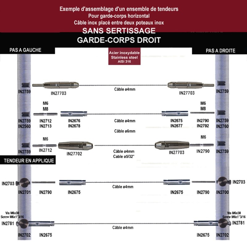 Tendeur manuel rotule sans sertissage inox 316 pour câbles Ø4mm