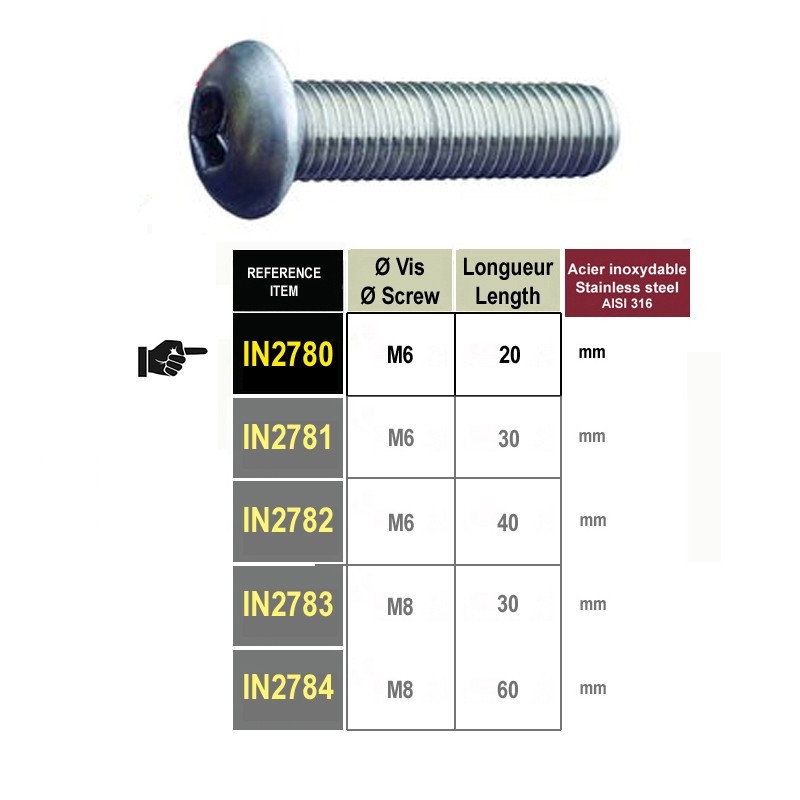 Vis acier inox 316 au pas métal M6x20mm à M8x60mm tête BHC