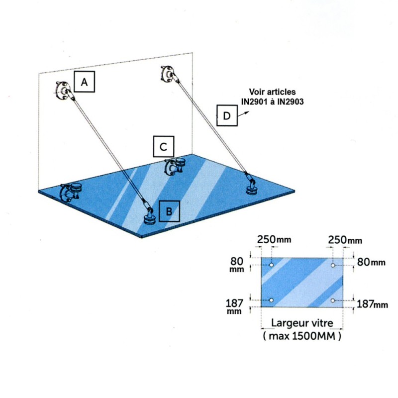 Ensemble 3 pièces supports en acier inox 316 pour marquises verre